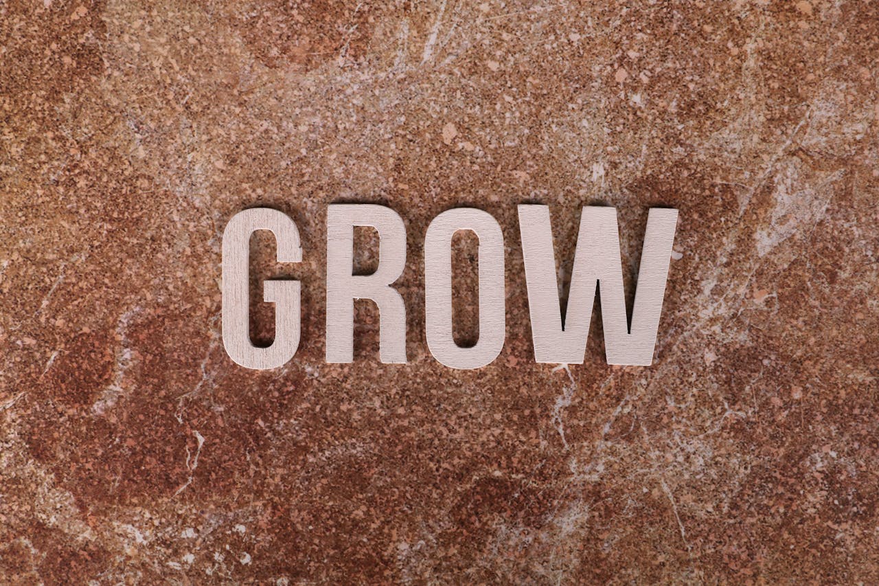 The word 'GROW' in wooden letters on a textured marble surface.
